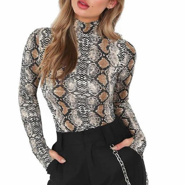 Snake Print Pattern Turtleneck Bodysuit