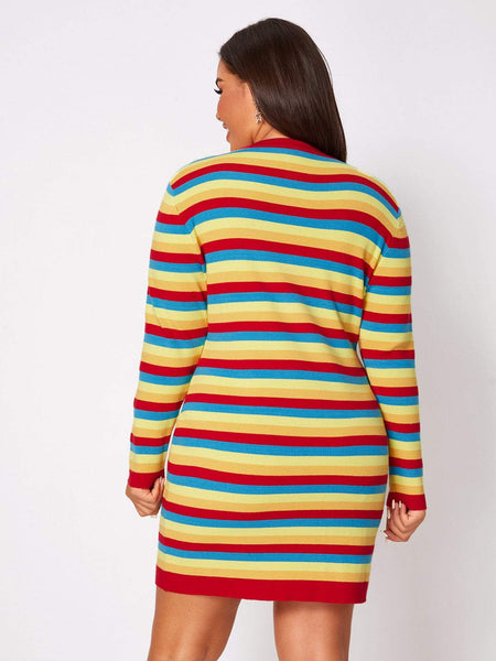 Plus Colorful Striped Round Neck Sweater Dress