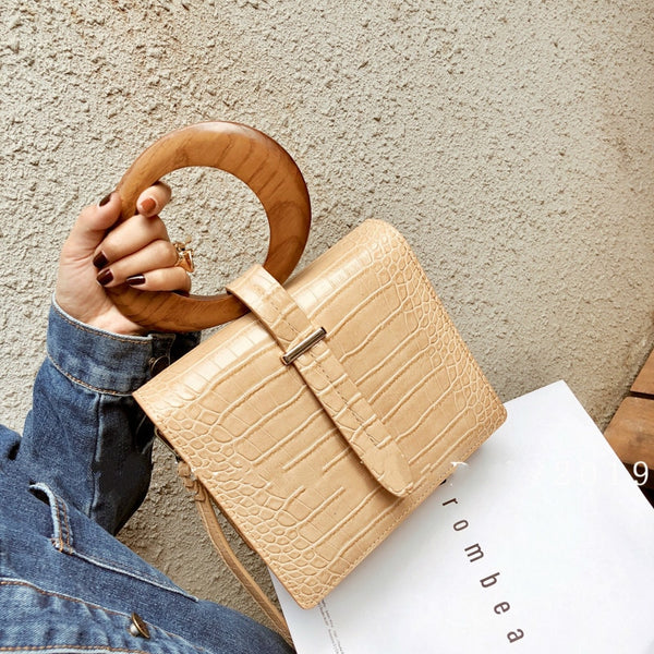 Wood Handle Flap Handbag