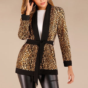 Contrast Binding Leopard Print Belted Jacket