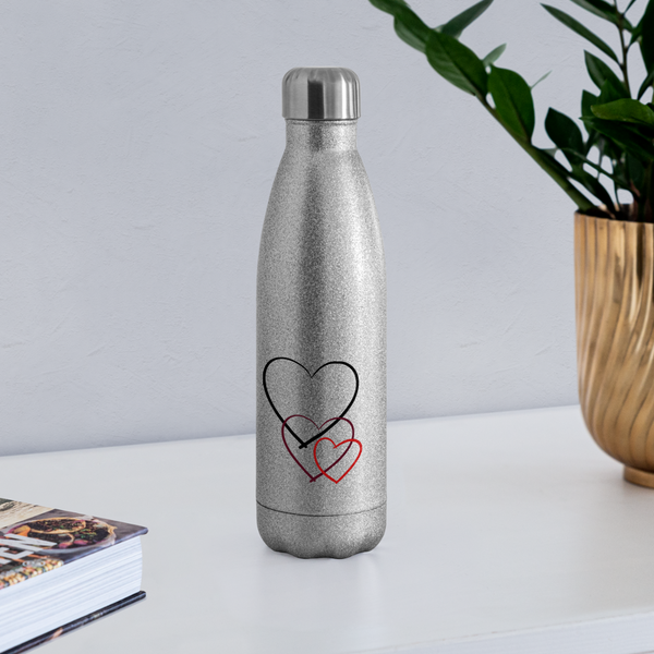 Insulated Stainless Steel Water Bottle - Hearts - turquoise glitter