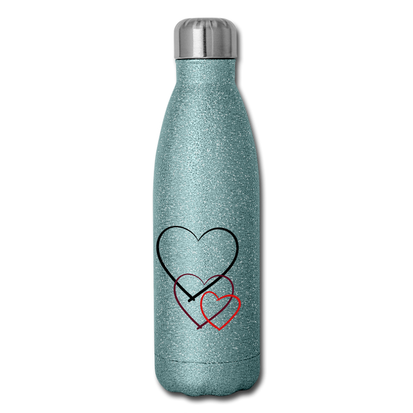 Insulated Stainless Steel Water Bottle - Hearts - turquoise glitter