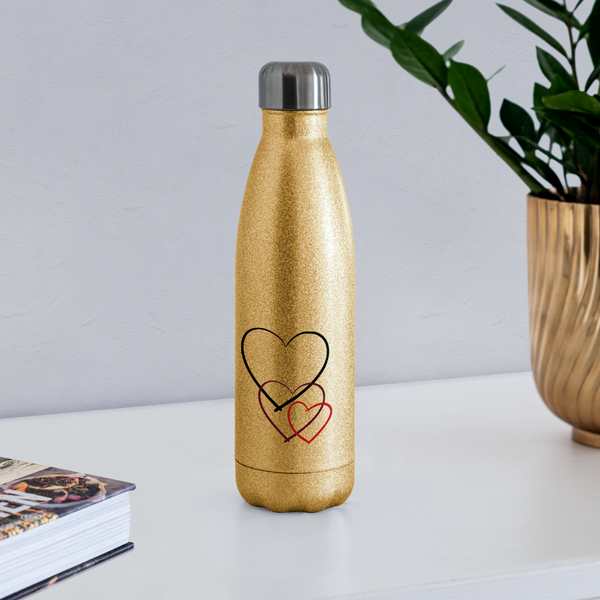 Insulated Stainless Steel Water Bottle - Hearts - gold glitter